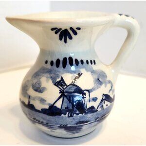 Vintage Delft Blauw Handpainted Miniature Ceramic Pitcher Windmill Scene Holland